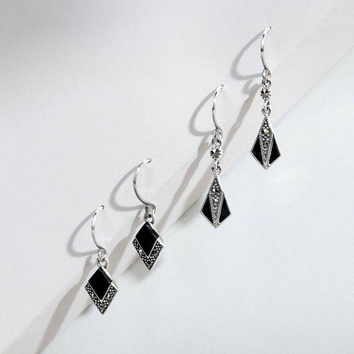 Art Deco Style Round Marcasite & Enamel Drop Earrings in 925 Sterling Silver