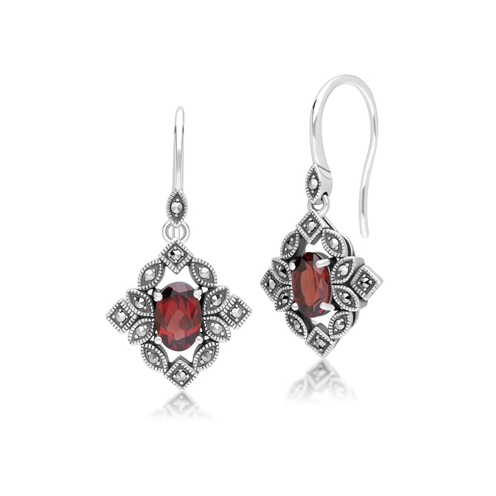 Art Deco Style Oval Garnet & Marcasite Drop Earrings in Sterling Silver