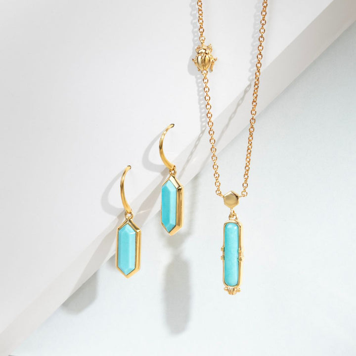 Geometric Hexagon Turquoise Prism Drop Earrings in Gold Plated Silver