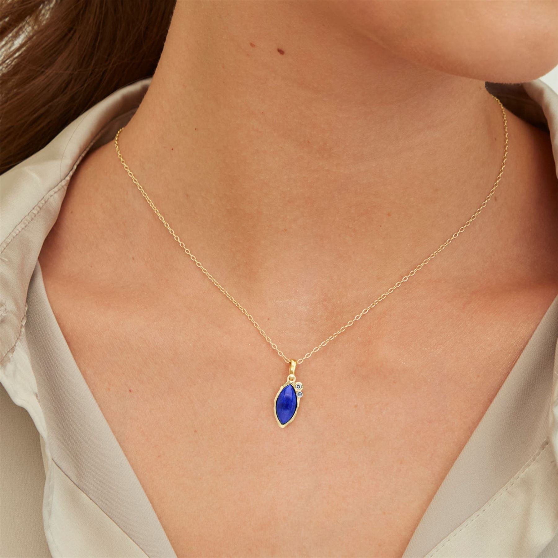 253P335201925 Irregular Marquise Lapis Lazuli & Topaz Pendant In 18ct Gold Plated Sterling Silver On Model