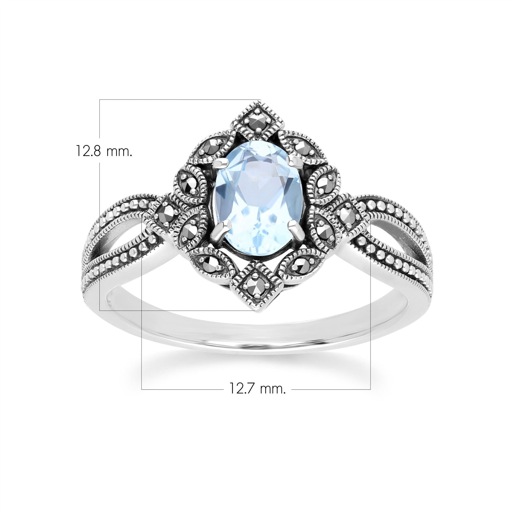 Art Deco Style Oval Blue Topaz & Marcasite Ring in Sterling Silver