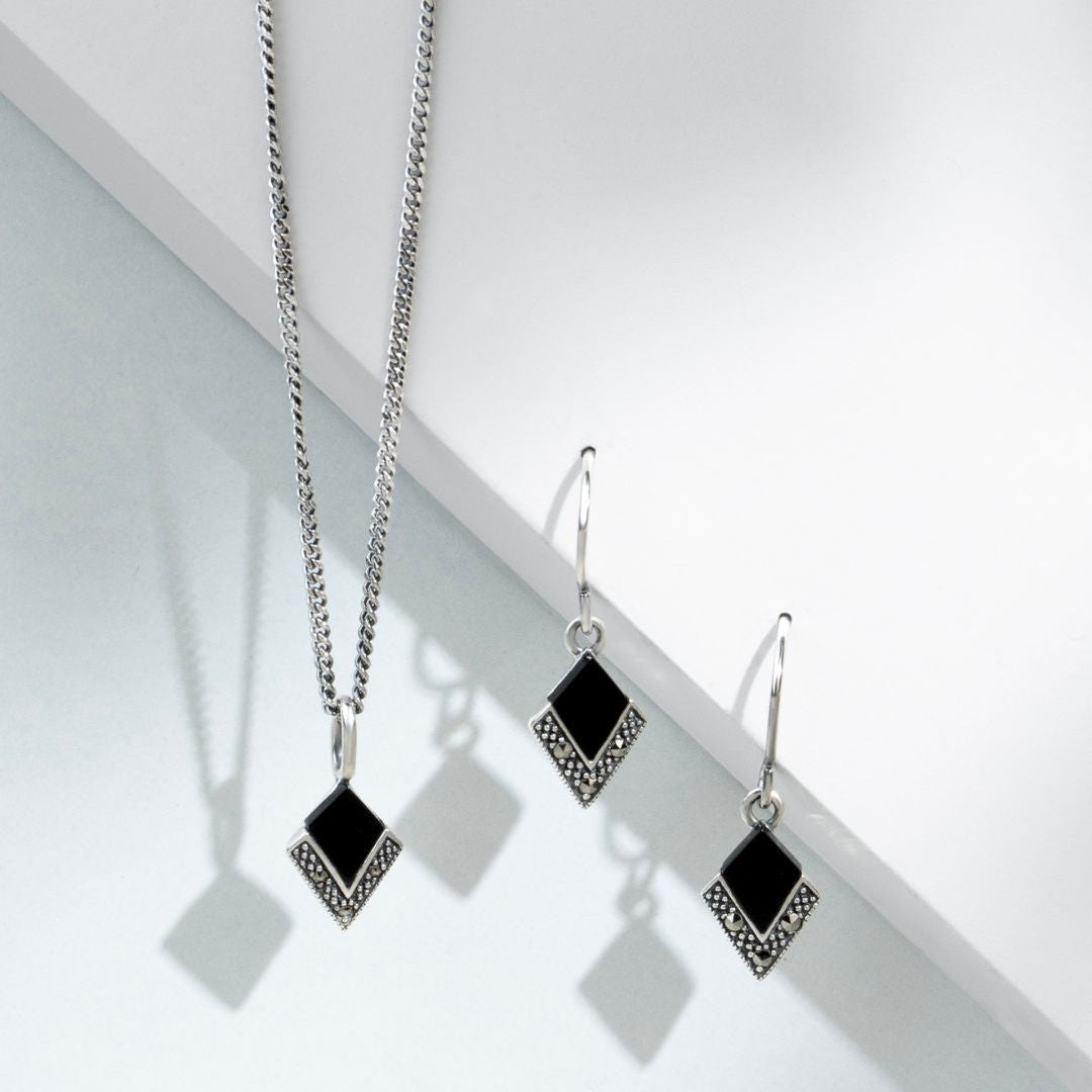 Art Deco Style Cabochon Black Onyx & Marcasite Pendant in 925 Sterling Silver