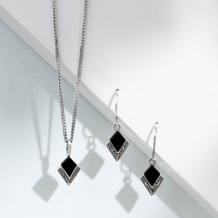 Art Deco Style Cabochon Black Onyx & Marcasite Pendant in 925 Sterling Silver