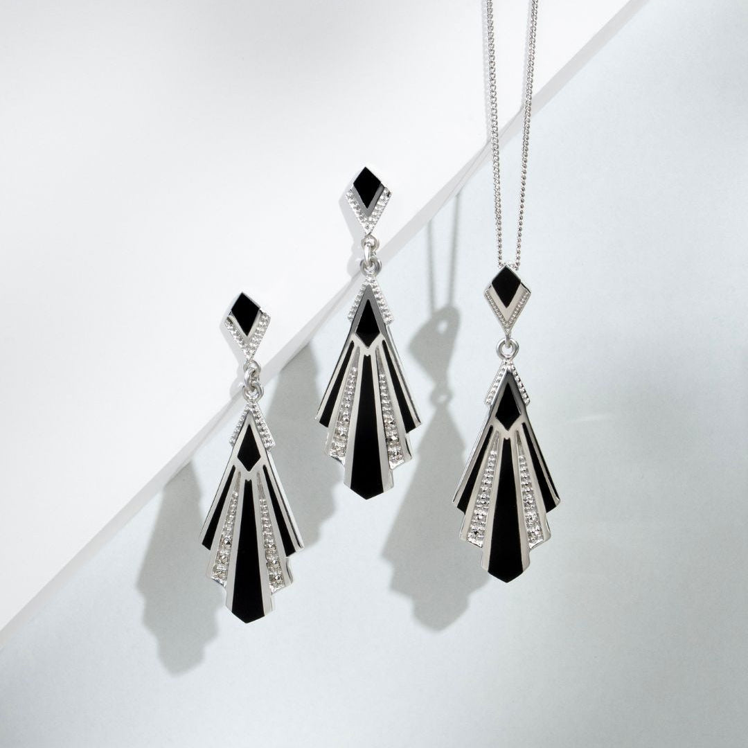 Art Deco Style Cabochon Black Onyx & Marcasite Drop Earrings