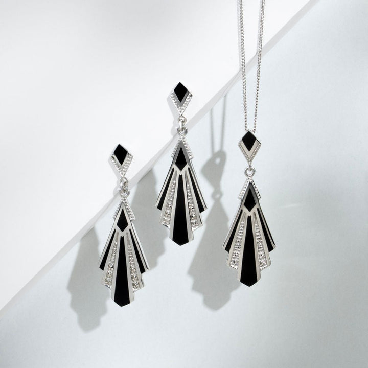 Art Deco Style Cabochon Black Onyx & Marcasite Drop Earrings