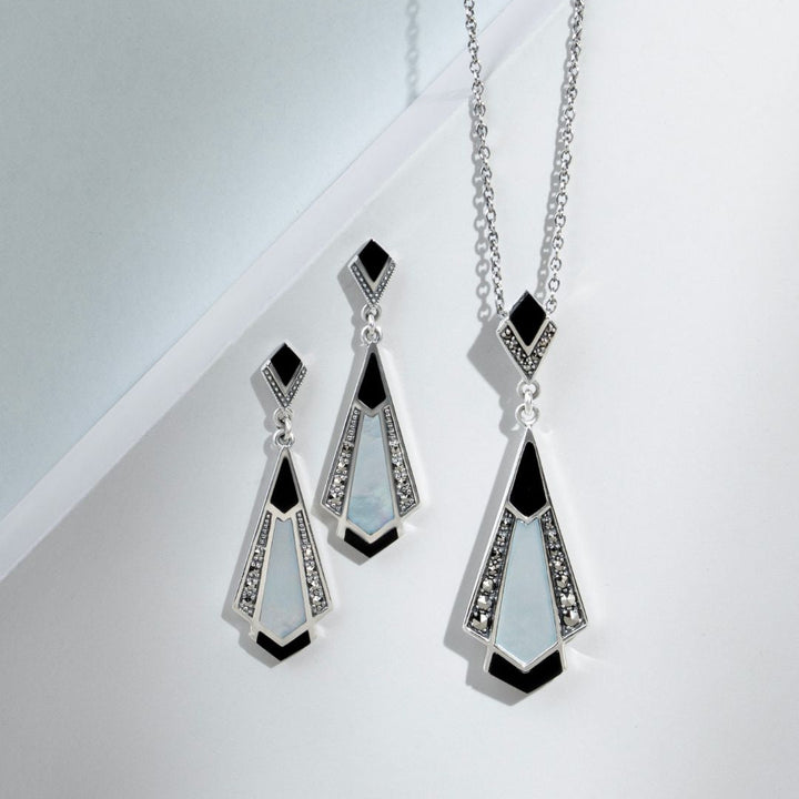 Art Deco Style Cabochon Black Onyx, Mother of Pearl & Marcasite Drop Earrings in 925 Sterling Silver