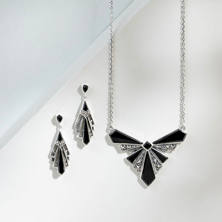 Art Deco Style Black Onyx Cabochon & Marcasite Necklace in 925 Sterling Silver