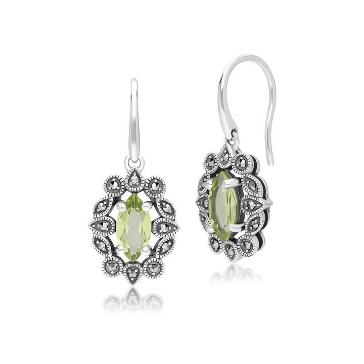 Art Deco Style Marquise Peridot & Marcasite Drop Earrings in Sterling Silver