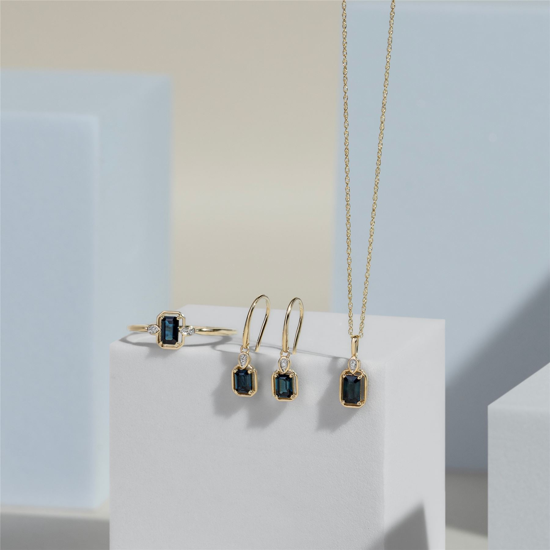 Classic Sapphire Baguette & Diamond Pendant Necklace In 9ct Yellow Gold