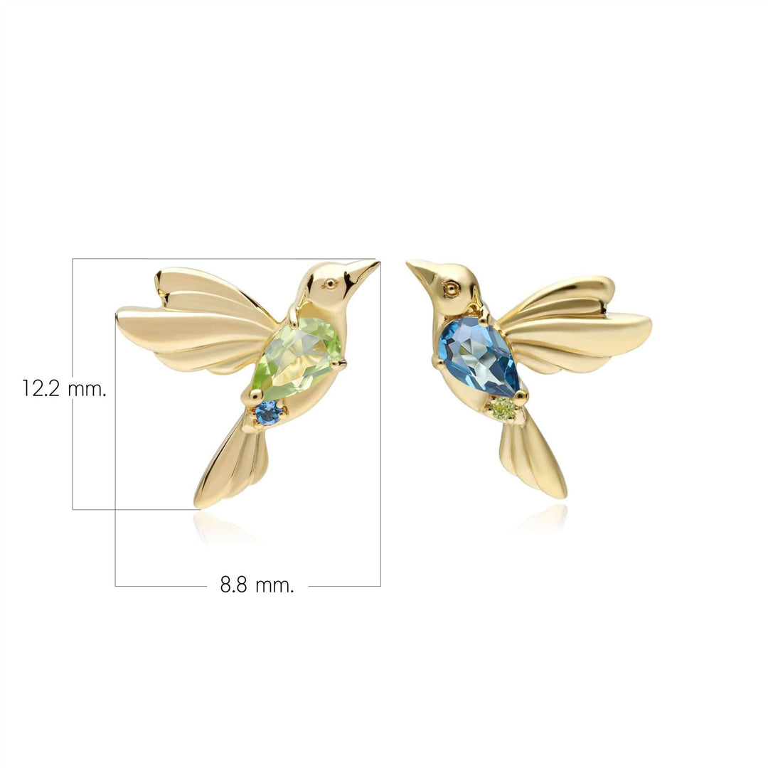 ECFEW™ Peridot and Blue Topaz Hummingbird Stud Earrings in 925 Sterling Silver