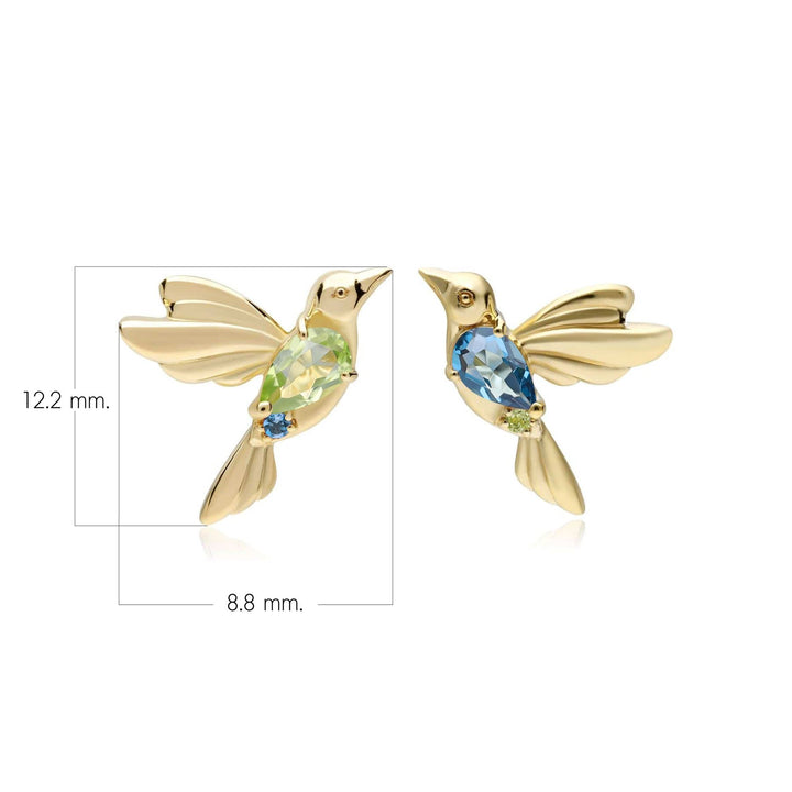 ECFEW™ Peridot and Blue Topaz Hummingbird Stud Earrings in 925 Sterling Silver