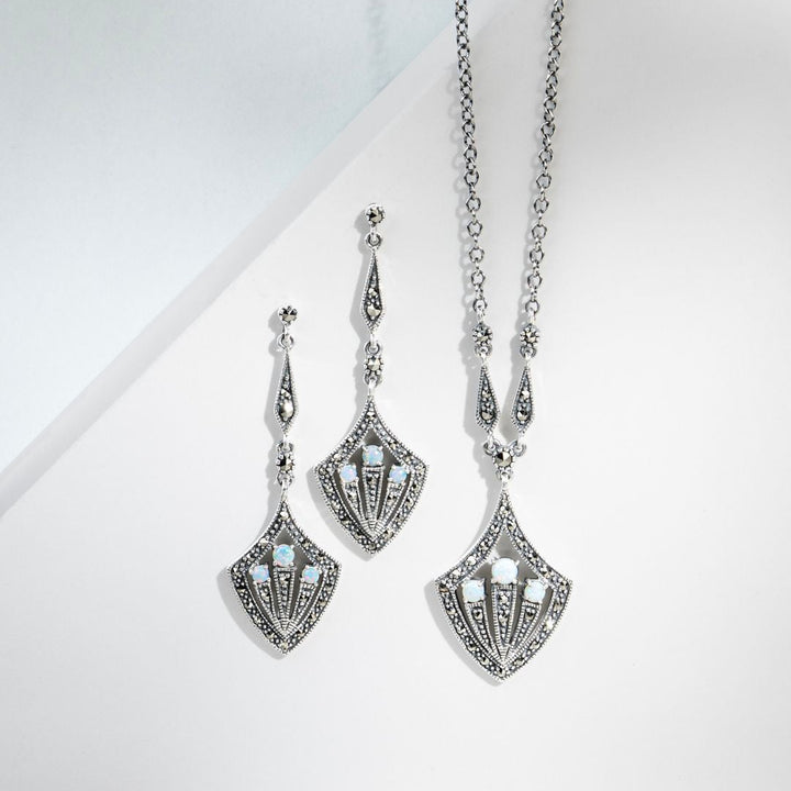 Art Deco Style Round Opal Cabochon & Marcasite Drop Earrings in Silver