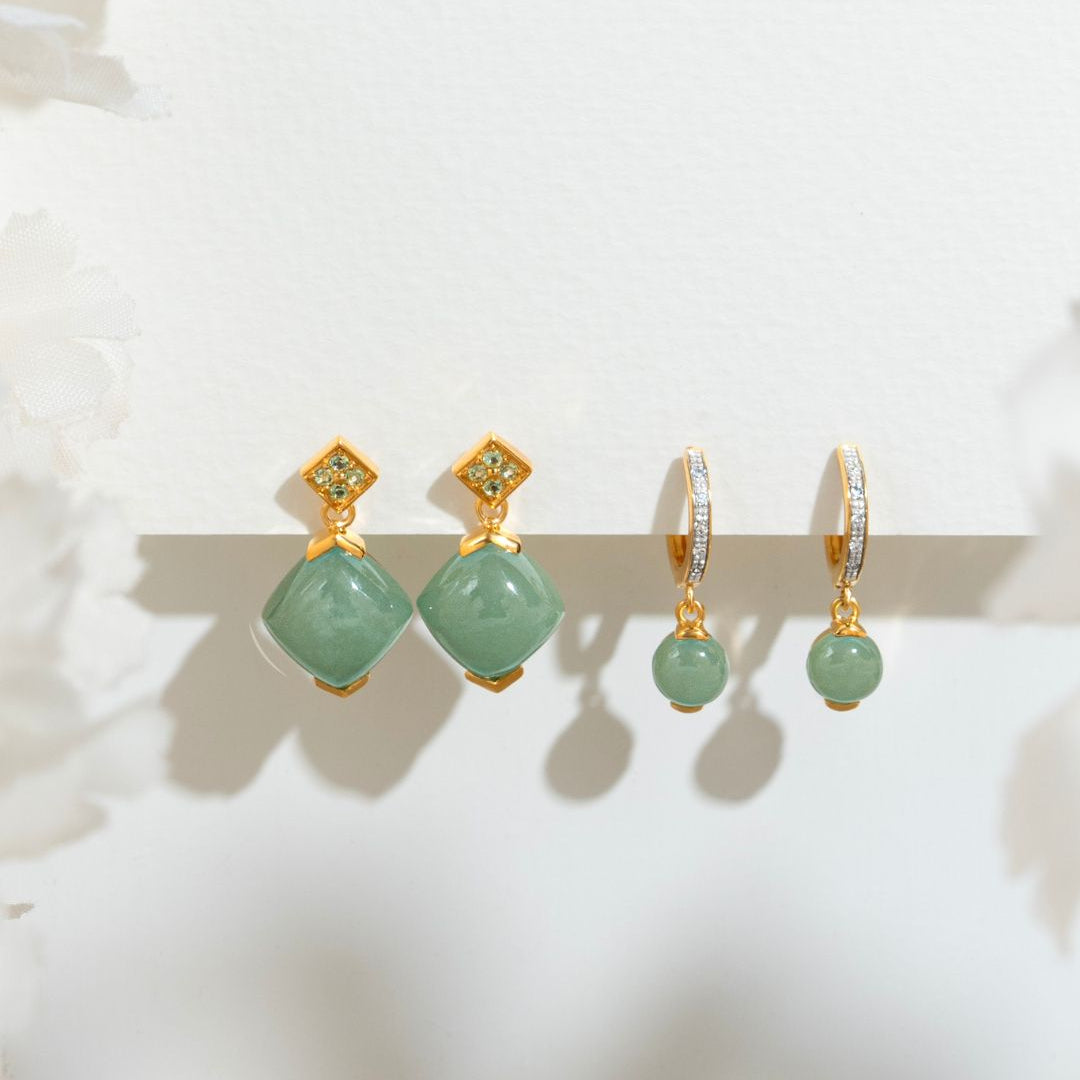 Boho Cushion Cut Jade Cabochon & Peridot Stud Earrings in Gold Plated 925 Sterling Silver