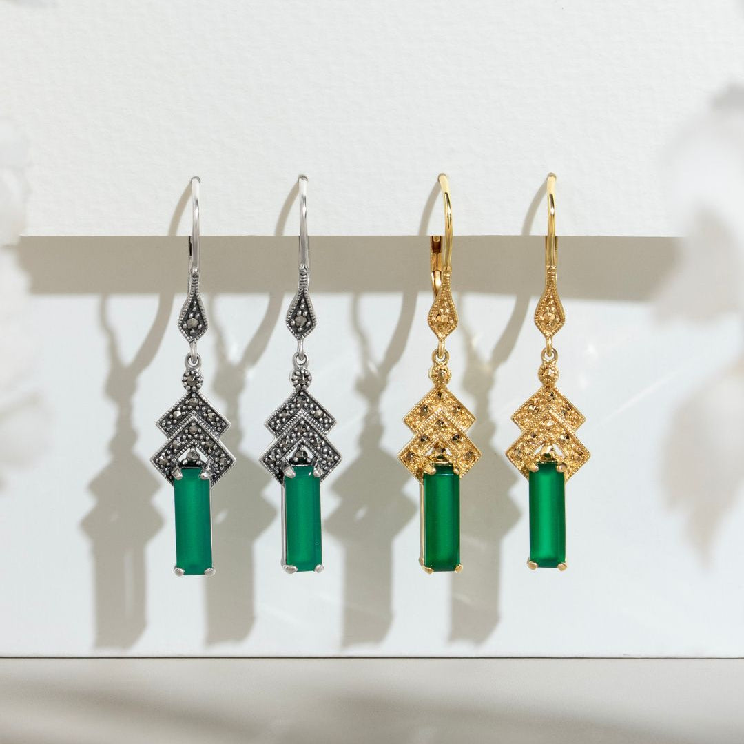 Art Deco Style Rectangle Green Chalcedony & Marcasite Drop Earrings in Silver