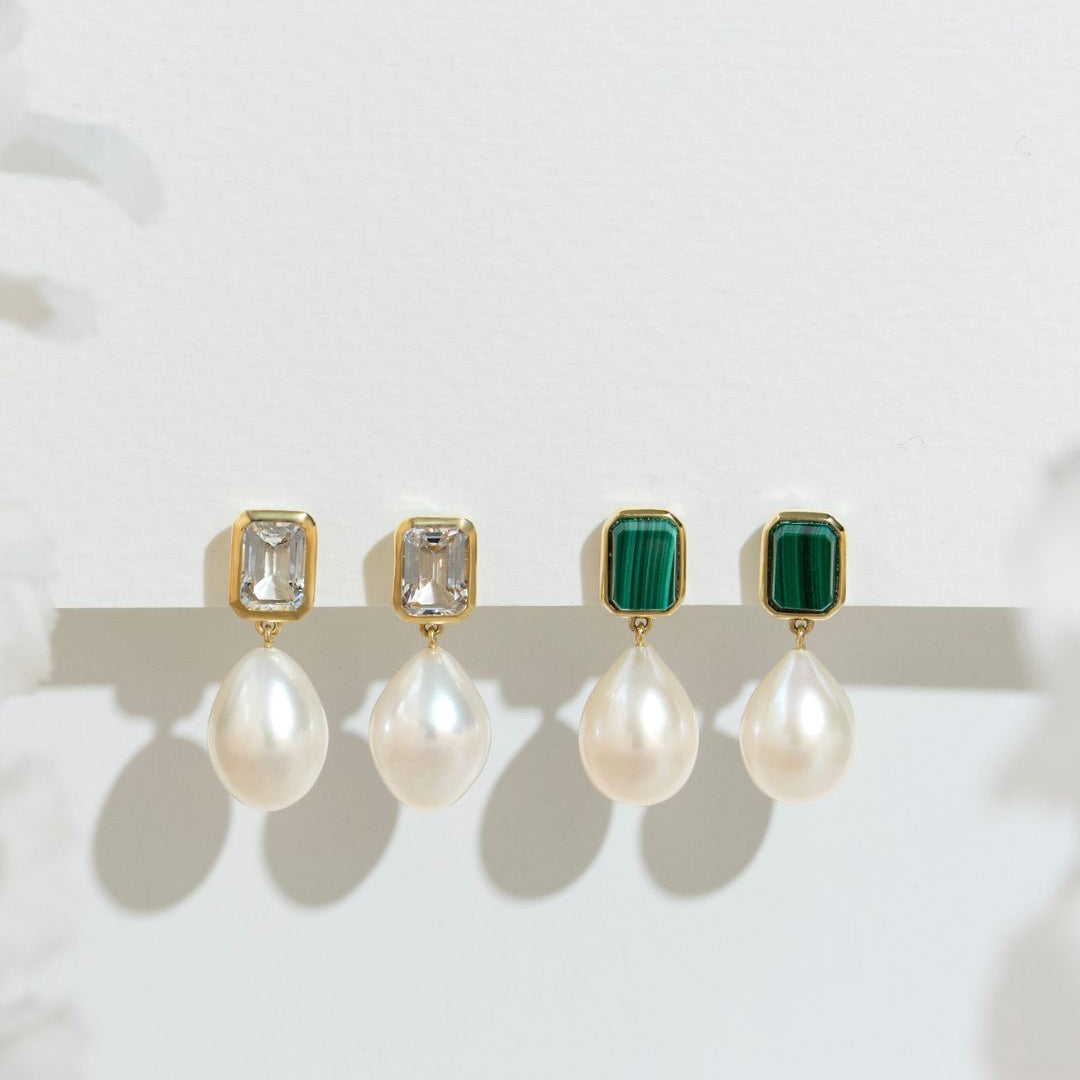 ECFEW™ Unifier White Topaz & Pearl Dangle Drop Earrings in Gold Plated Sterling Silver