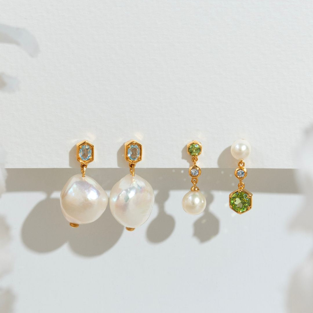 Modern Baroque Pearl & Topaz Drop Earrings in Gold Plated Silver