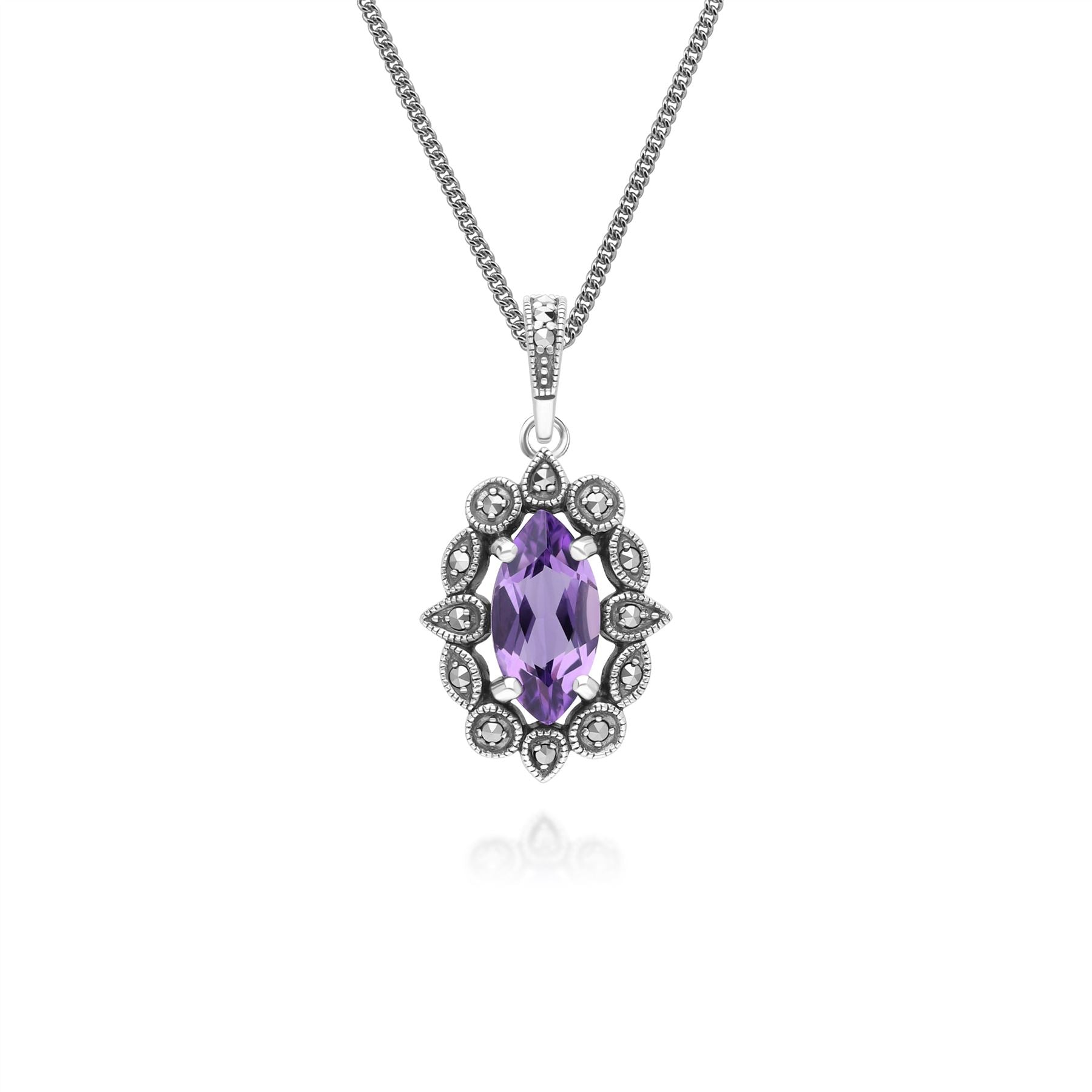 gemondo Art Deco Style Marquise Amethyst Marcasite Pendant