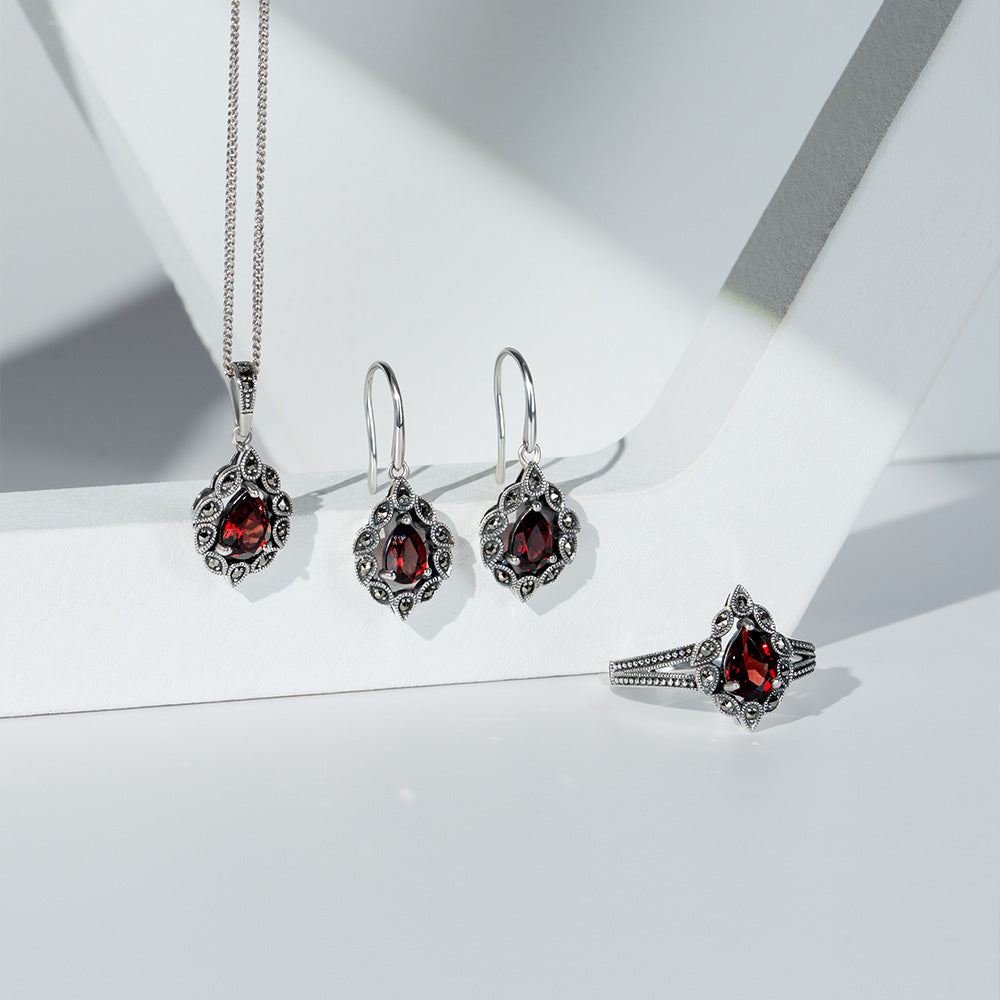 Art Deco Style Pear Garnet & Marcasite Ring in Sterling Silver