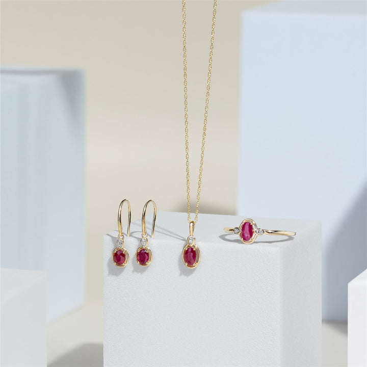 Classic Oval Ruby & Round Diamond Drop Earrings In 9ct Yellow Gold