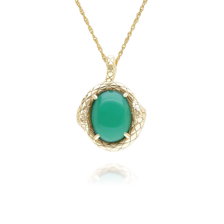 ECFEW™ Oval dyed green chalcedony snake two-headed coiled bezel-set cabochon pendant necklace in gold vermeil sterling silver