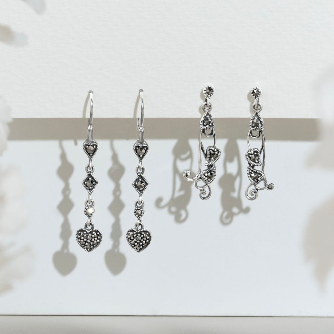 Art Deco Style Round Marcasite Pave Set Heart Drop Earrings in 925 Sterling Silver