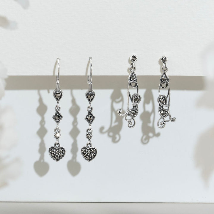 Art Deco Style Round Marcasite Pave Set Heart Drop Earrings in 925 Sterling Silver