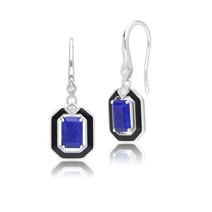 Grand Deco Black Enamel, Lapis Lazuli & Topaz Drop Earrings in Sterling Silver