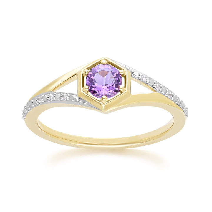Geometric Hexagon with Prong set Round Amethyst and Diamond Ring in 9ct Yellow Gold