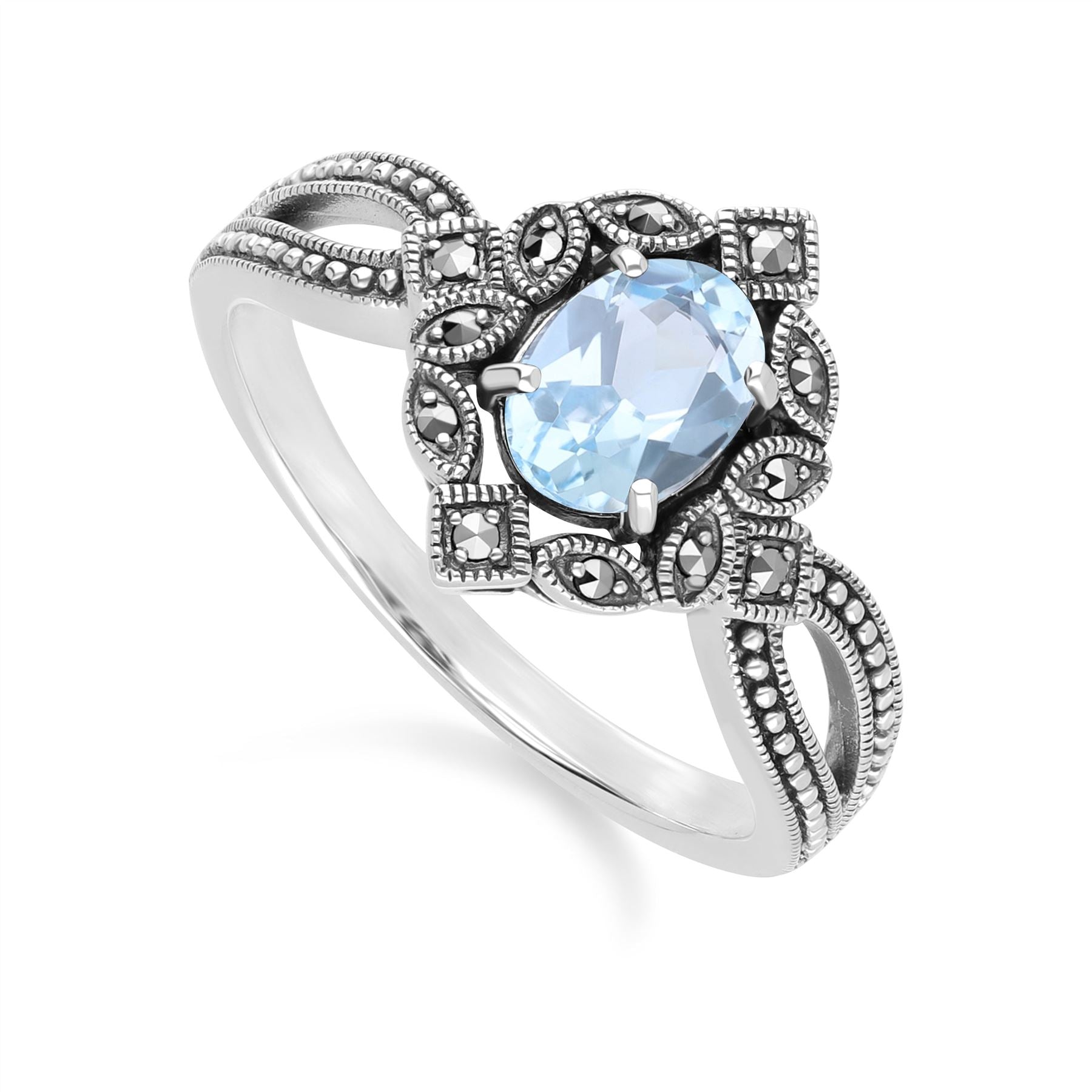 Art Deco Style Oval Blue Topaz & Marcasite Ring in Sterling Silver