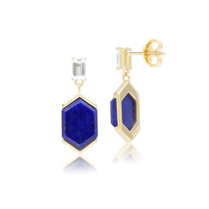 Grand Deco Hexagon Lapis Lazuli & Topaz Drop Earrings in Gold Vermeil