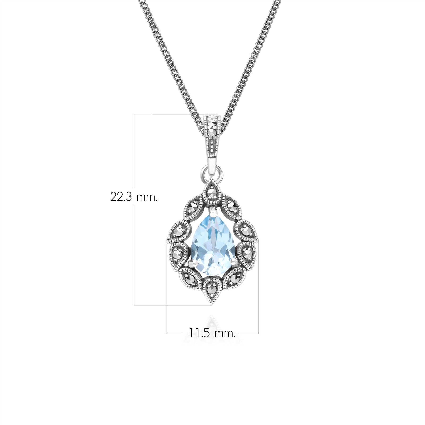 Art Deco Style Pear Blue Topaz & Marcasite Pendant Necklace in Sterling Silver