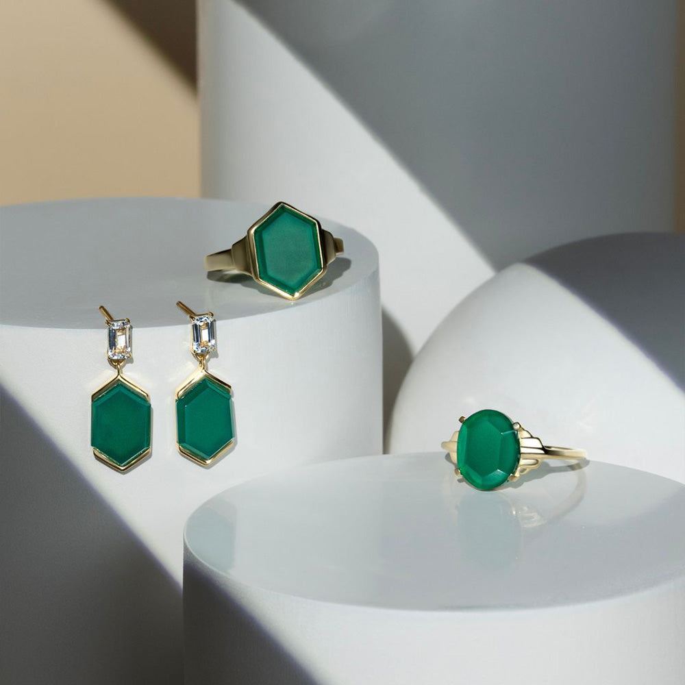 Grand Deco Hexagon Chalcedony & Topaz Drop Earrings in Gold Vermeil