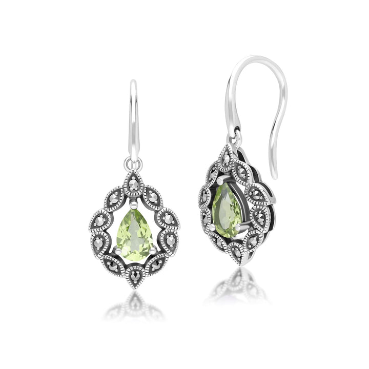 Art Deco Style Pear Peridot & Marcasite Drop Earrings in Sterling Silver