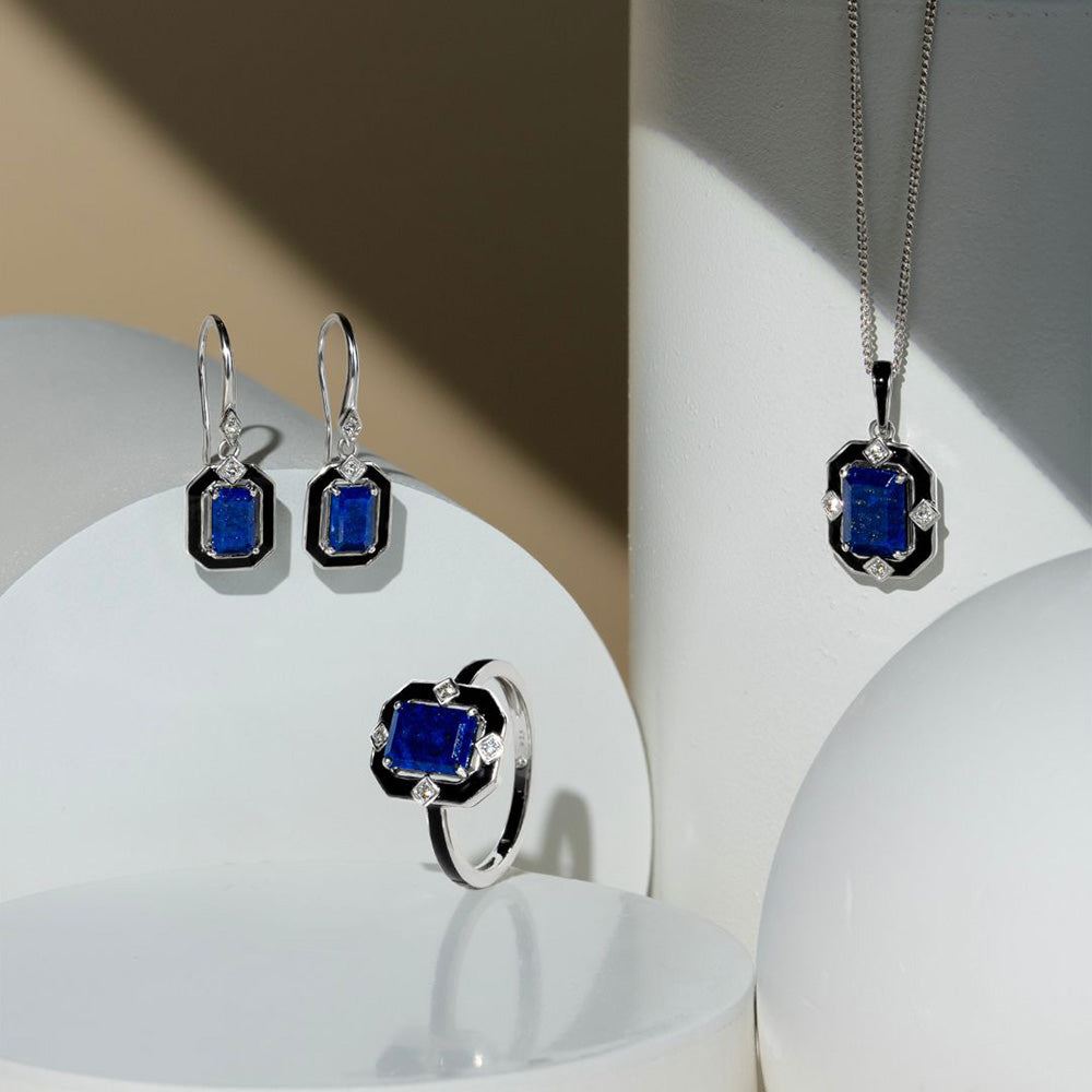 Grand Deco Black Enamel, Lapis Lazuli & Topaz Ring in Sterling Silver