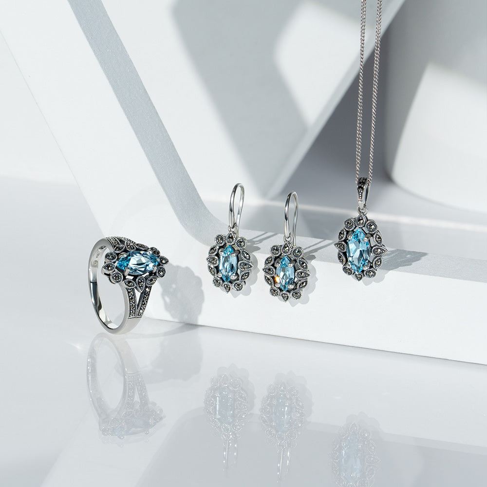Art Deco Style Marquise Blue Topaz & Marcasite Pendant Necklace in Sterling Silver