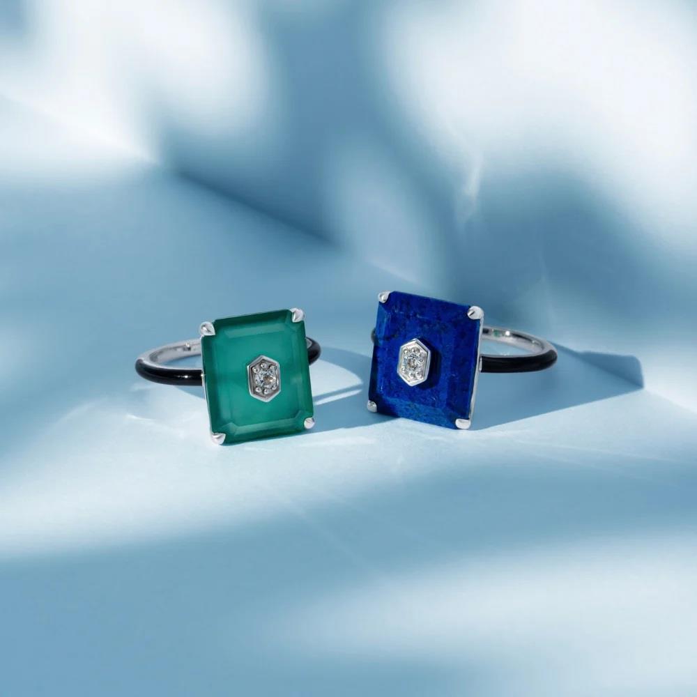 Grand Deco Black Enamel, Lapis Lazuli & Colourless Topaz Ring in Sterling Silver