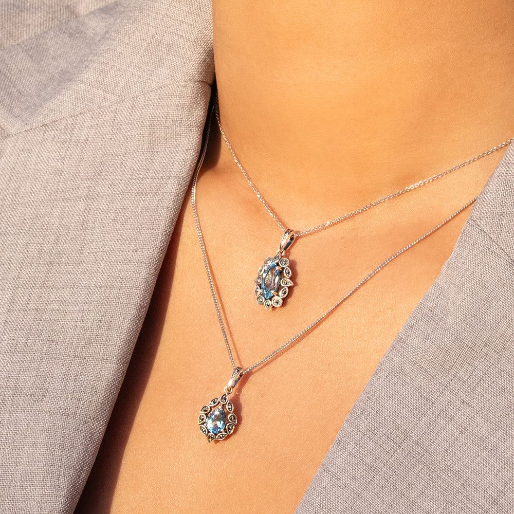 Art Deco Style Marquise Blue Topaz & Marcasite Pendant Necklace in Sterling Silver