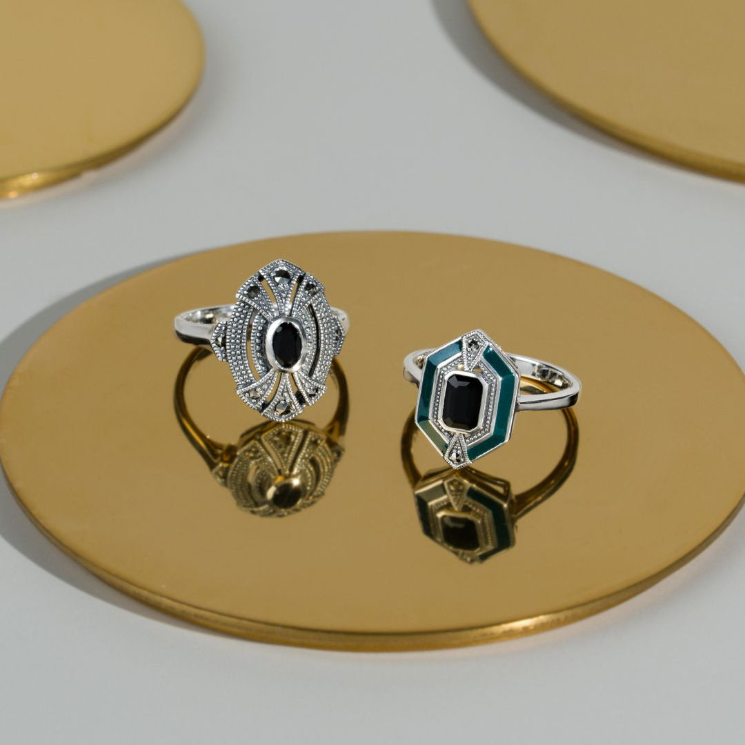 Art Deco Style Oval Black Onyx & Marcasite Cocktail Ring in 925 Sterling Silver