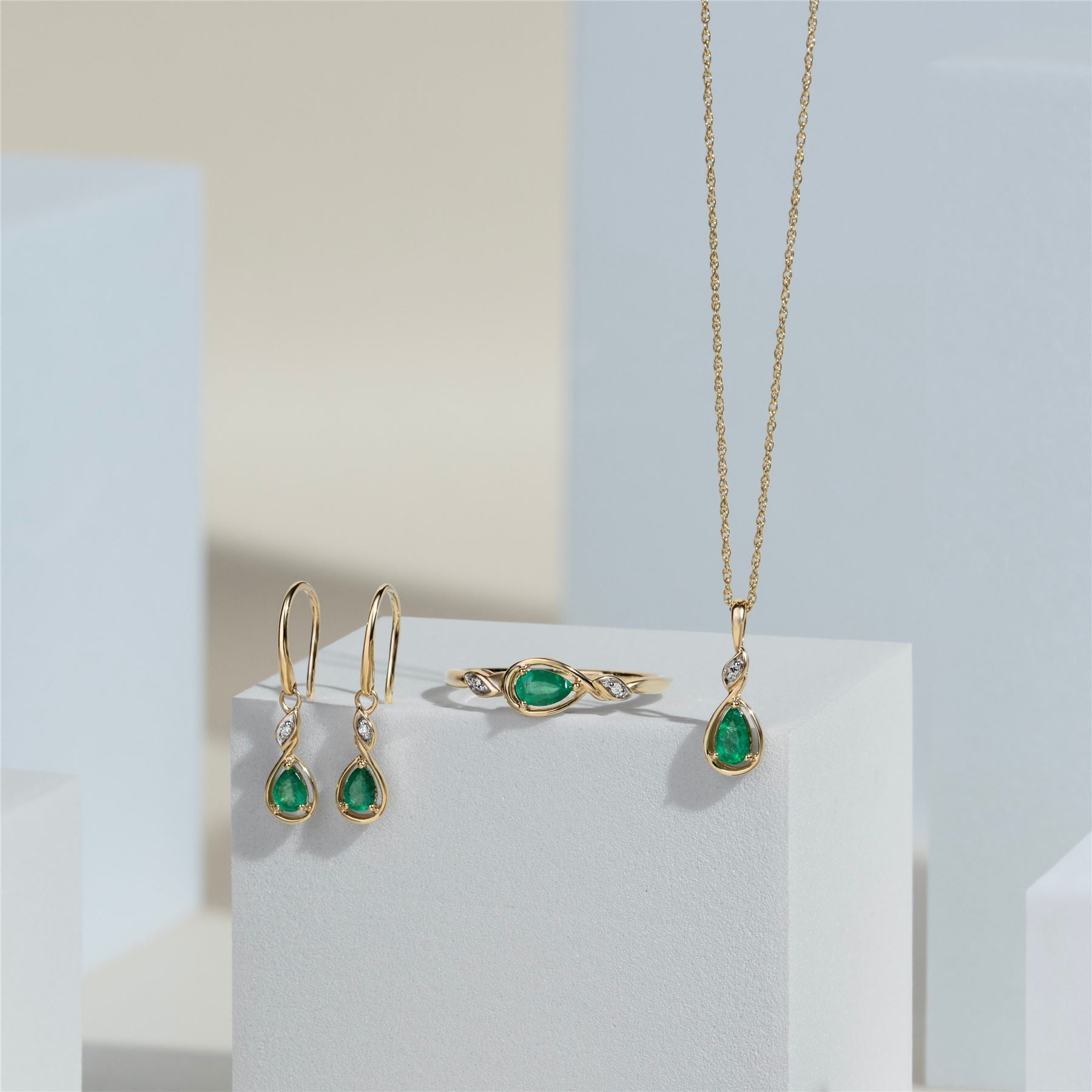 Classic Pear Emerald & Diamond Drop Earrings In 9ct Yellow Gold