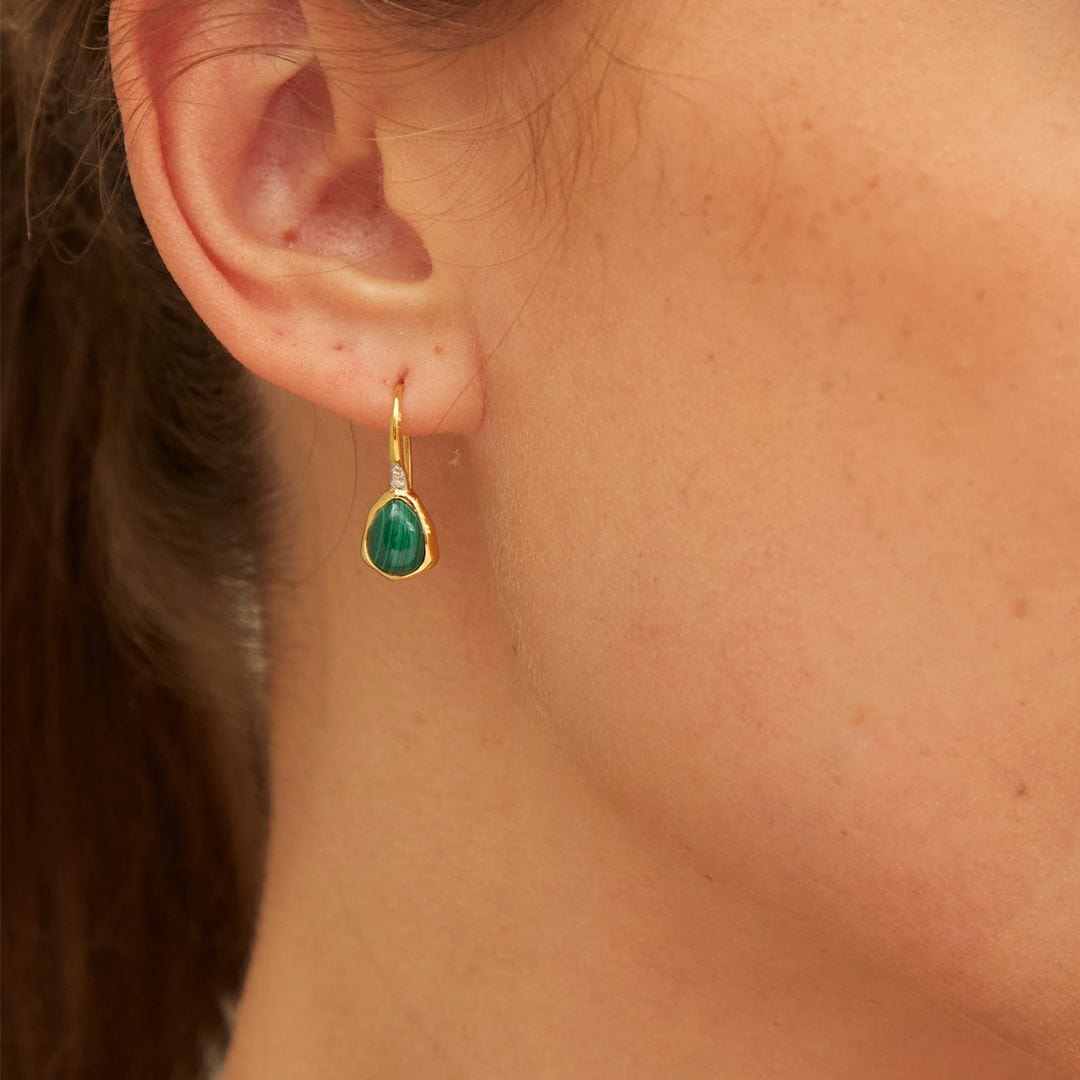 253E418701925 Irregular Malachite & Topaz  Drop Earrings In 18ct Gold Plated SterlIng Silver On Model