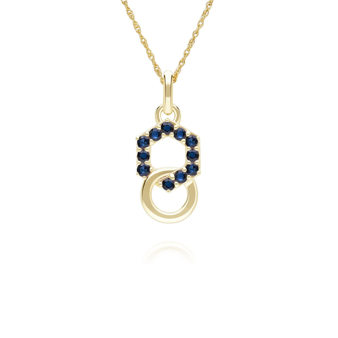 Geometric Hexagon and Round Linked with Prong set Sapphire Pendant in 9ct Yellow Gold