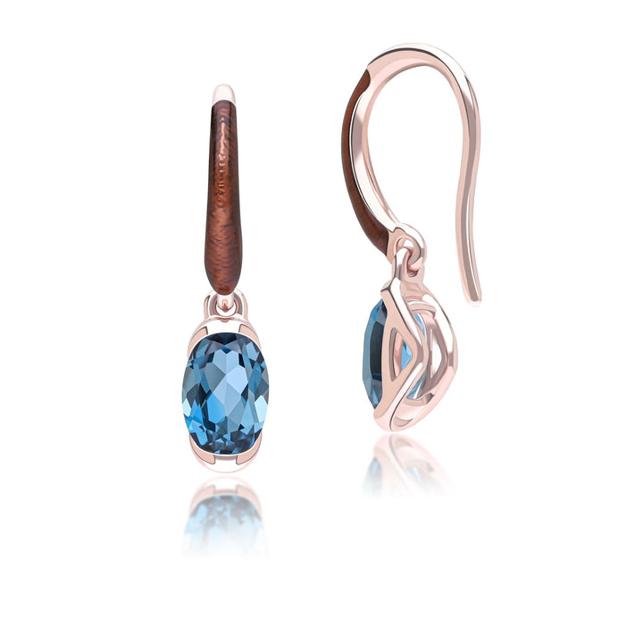 Siberian waltz Oval london blue topaz  with brown enamelled half-bezel set french hook earrings in rose gold vermeil sterling silver