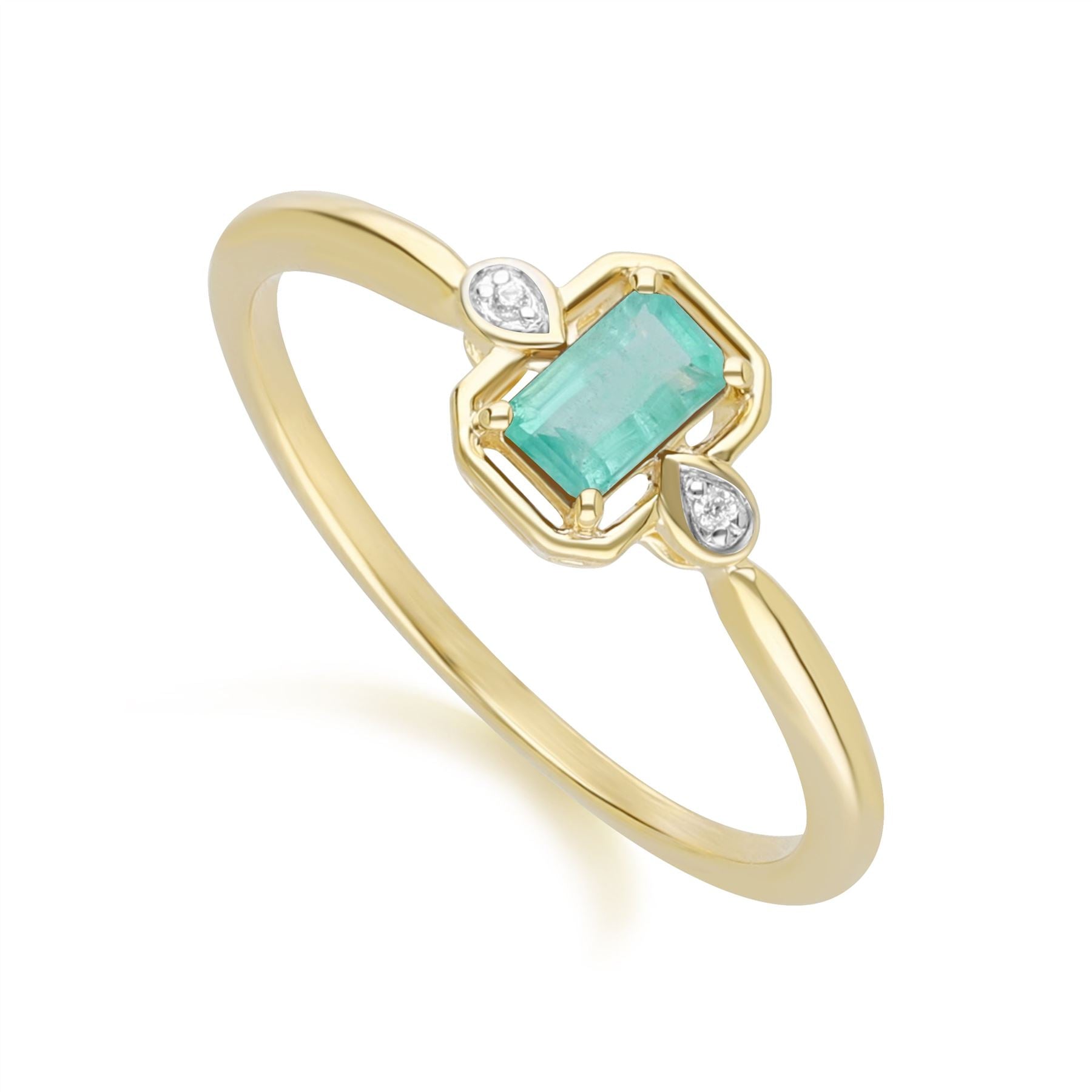 Classic Emerald Baguette & Diamond Ring In 9ct Yellow Gold
