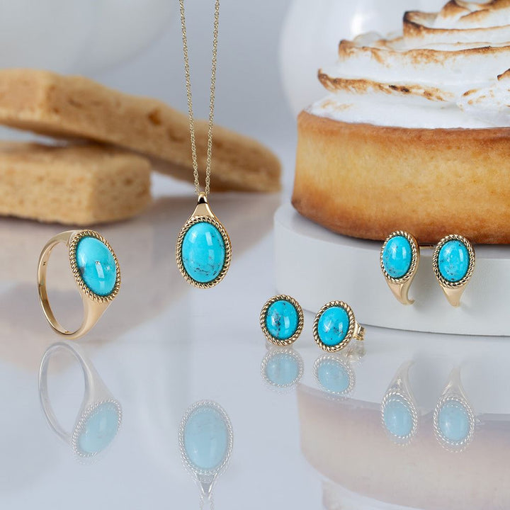 Classic Oval Turquoise Drop Stud Earrings in 9ct Yellow Gold