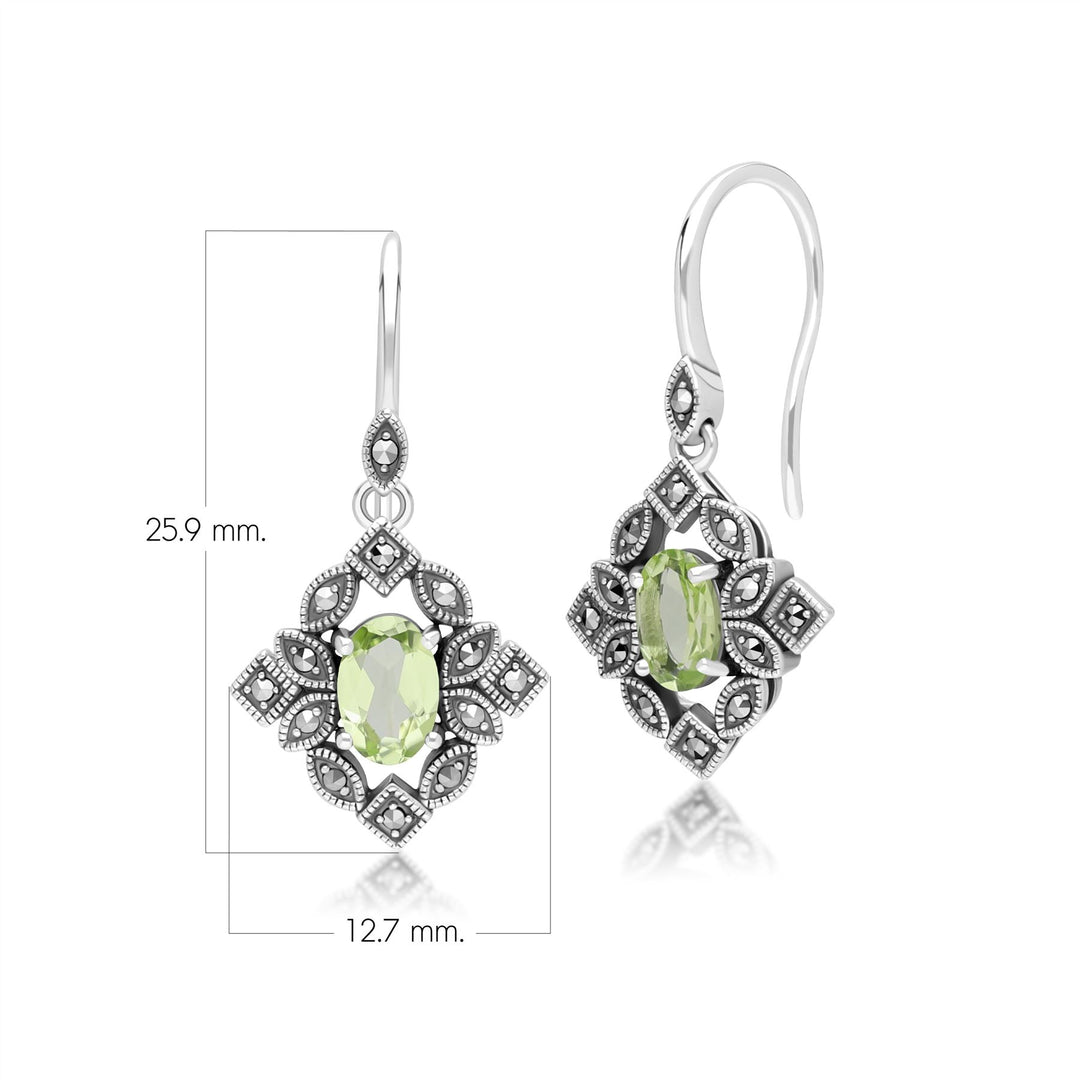 Art Deco Style Oval Peridot & Marcasite Drop Earrings in Sterling Silver