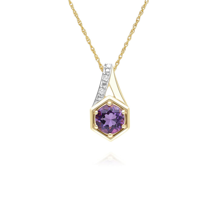 Geometric Hexagon with Prong set Round Amethyst and Diamond Pendant Necklace in 9ct Yellow Gold