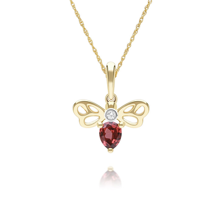 Honeycomb Art Nouveau Pear Shape Garnet and Diamond Bee Pendant Necklace in 9ct Yellow Gold