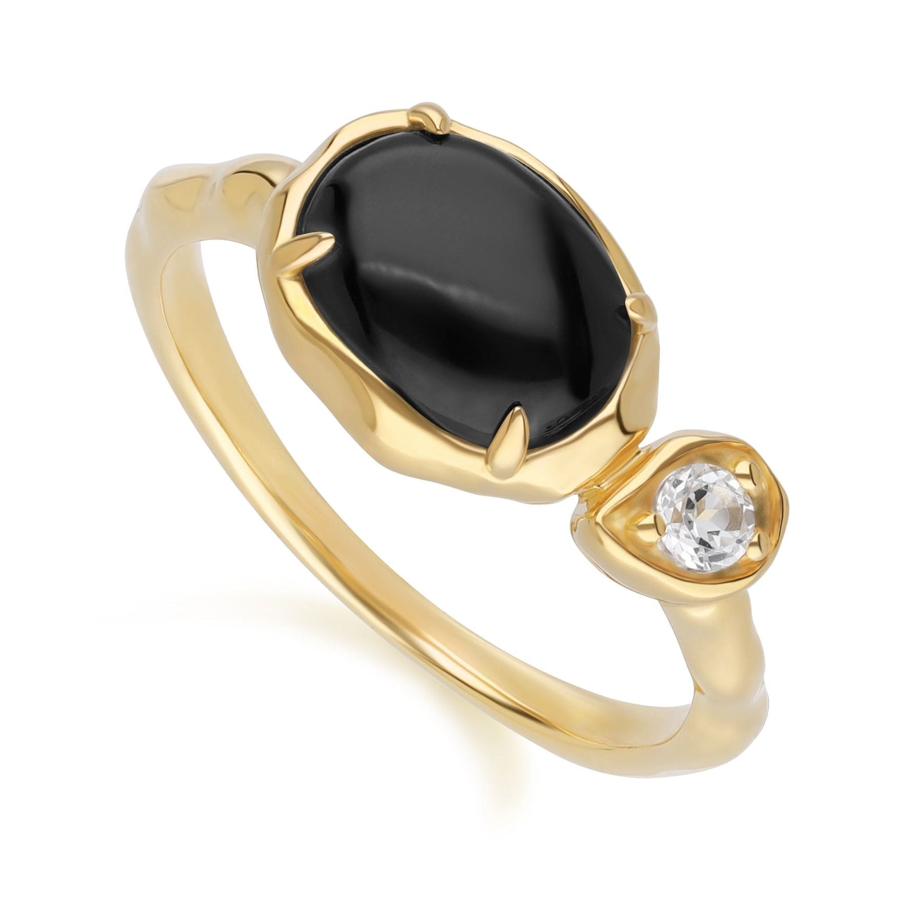 Irregular Oval Black Onyx & Topaz Ring In 18ct Gold Plated SterlIng Silver