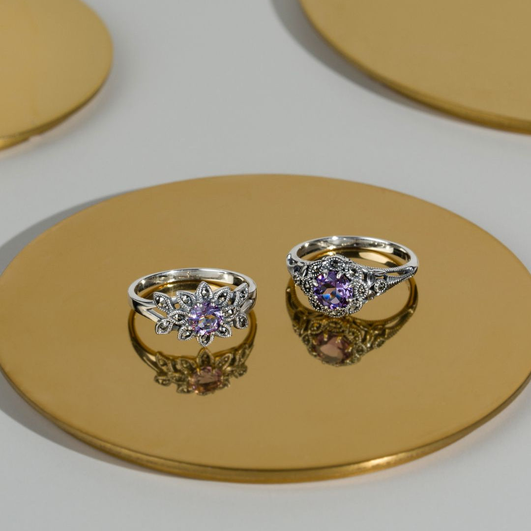 Art Nouveau Style Round Amethyst & Marcasite Floral Ring in Sterling Silver
