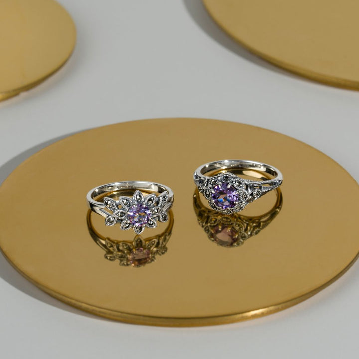 Art Nouveau Style Round Amethyst & Marcasite Floral Ring in 925 Sterling Silver